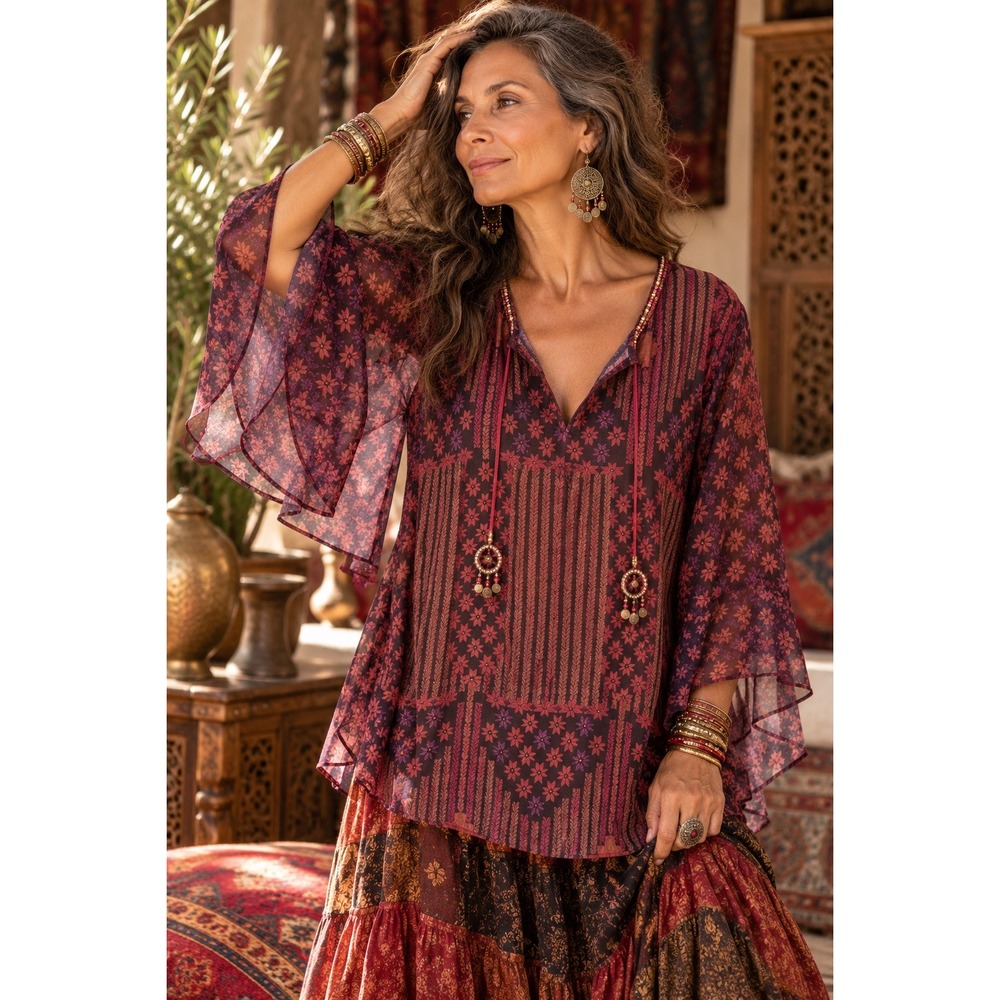 Soft Surroundings Boho Gypsy Kimono Sleeve Top Red Purple Beaded Ethereal Size S